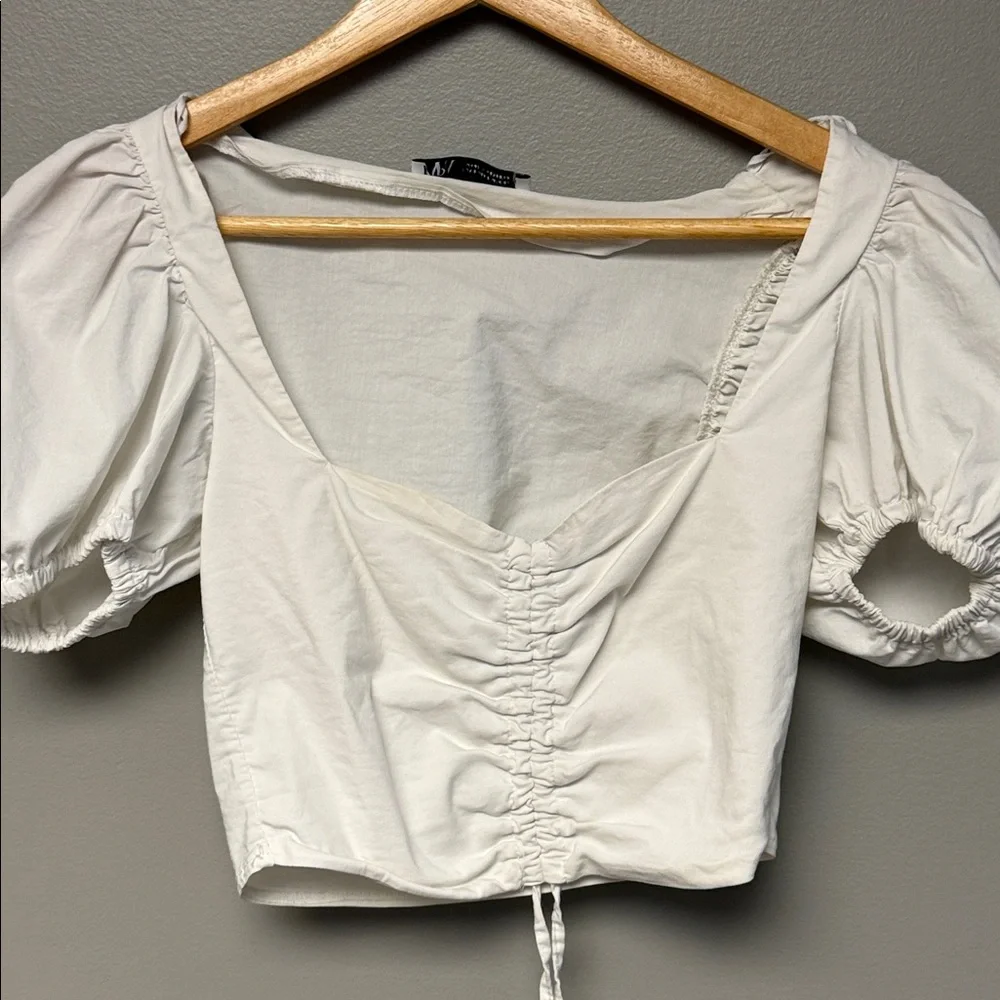 Zara White Ruched Puff Sleeve Crop Top Size S Cottagecore